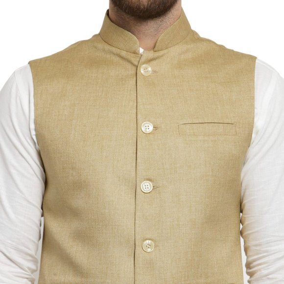 Sleeveless Traditional Jute Fabric Beige Nehru Jacket by Treemoda - Picture 4 of 5